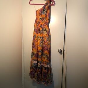 JUST BELLINA Women X-Small Orange Printed One Shoulder Maxi Dress